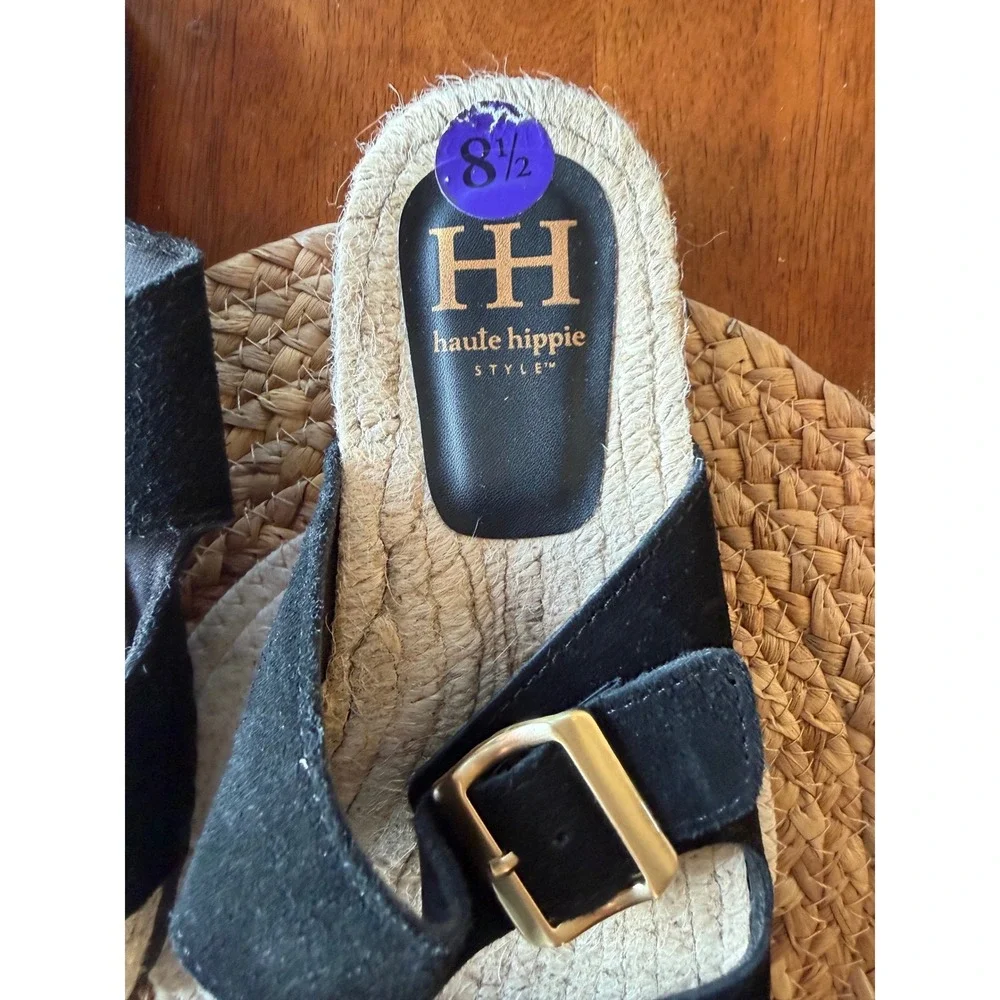 Haute‎ Hippie Womens Black Suede Espadrille Slide Sandals Gold Buckle 8.5